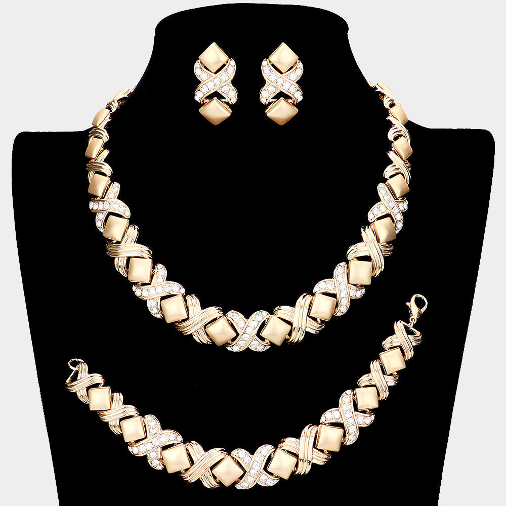 3PCS Pave Crystal Rhinestone Crisscross Necklace Jewelry Set