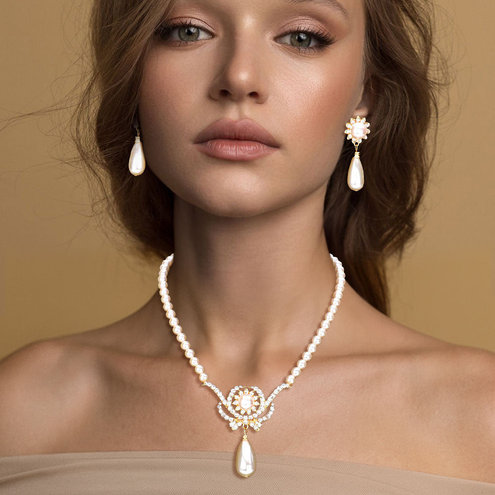 Stone Embellished Metal Pearl Link Pendant Necklace