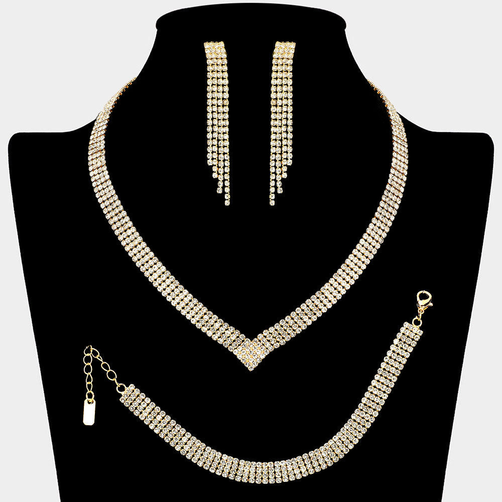 Four Row Rhinestone Paved V Shaped Jewelry Set
