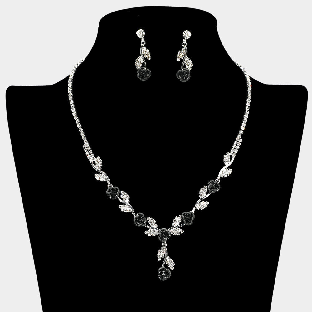 Colored Rose Flower Marquise Stone Cluster Link Rhinestone Paved Necklace