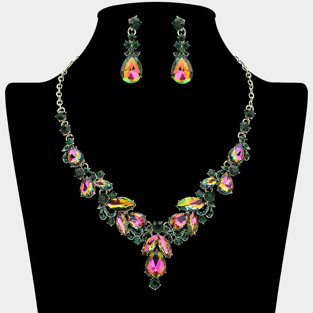 Teardrop Accent Ornate Marquise Stone Cluster Embellished Rhinestone Necklace