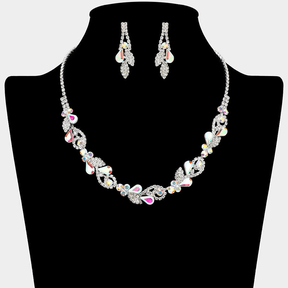Teardrop Cluster Rhinestone Paved Leaf Necklace