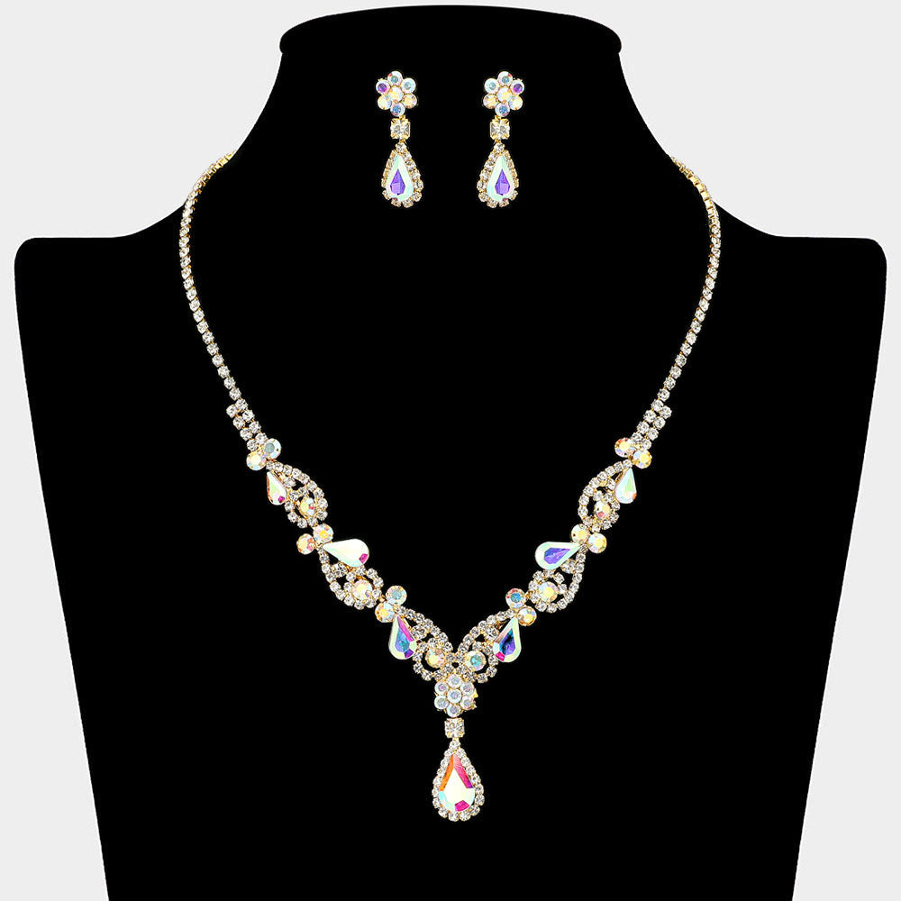 Teardrop Stone Cluster Accent Rhinestone Paved Y Shape Necklace