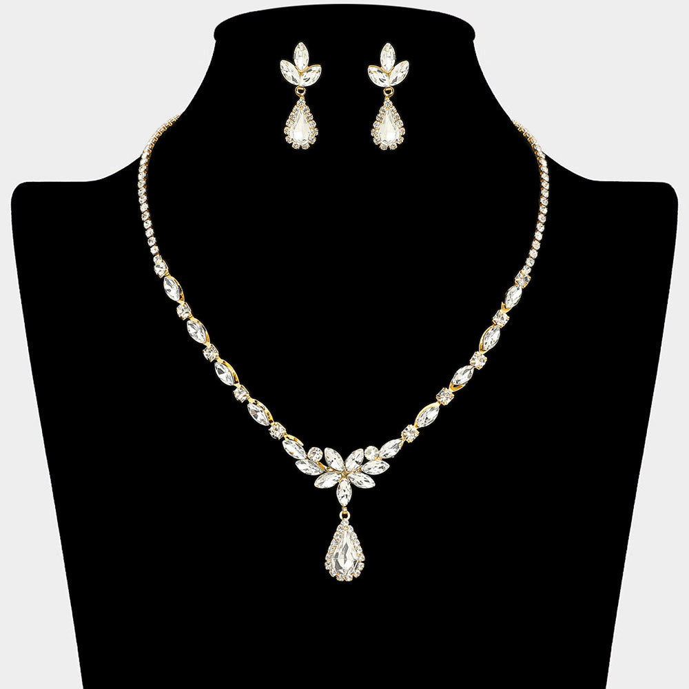 Teardrop Stone Cluster Pendant Accent Marquise Floral Rhinestone Paved Necklace