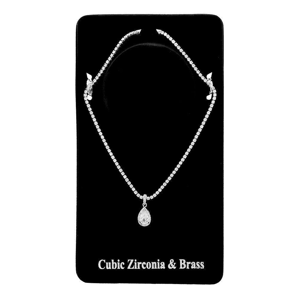 Teardrop CZ Stone Pendant Rhinestone Paved Necklace