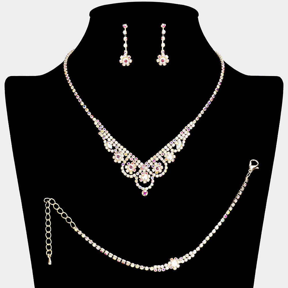 CZ Flower Pointed Rhinestone Paved Necklace Jewelry Set