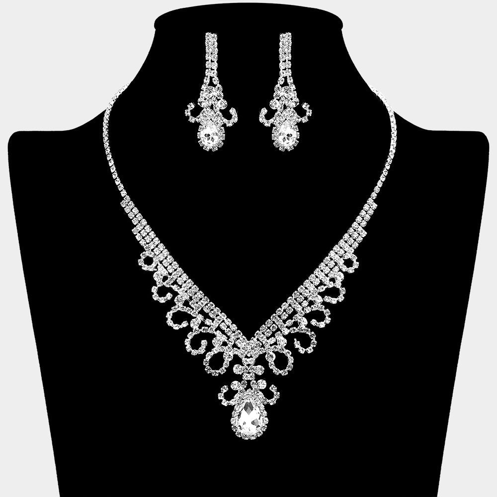 Teardrop Stone Accented Rhinestone Paved V Shaped Necklace