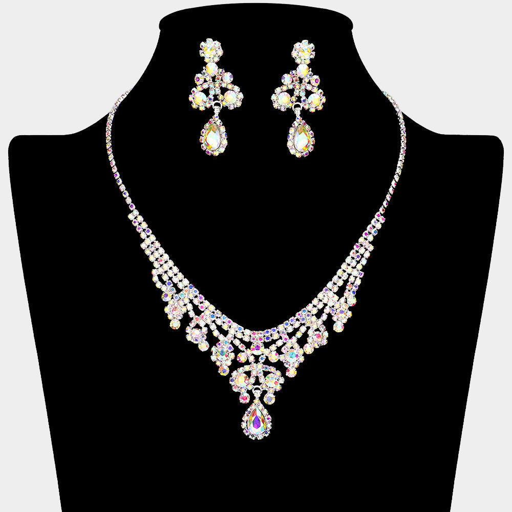 Teardrop Stone Pointed Rhinestone Paved Flower Embellished Necklace