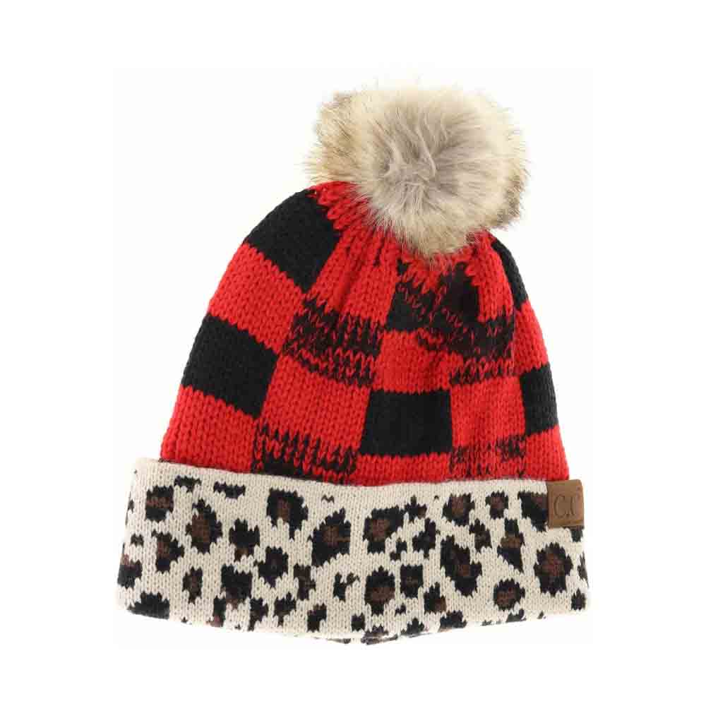 Leopard/Buffalo Mixed Print Fur Pom C.C Beanie