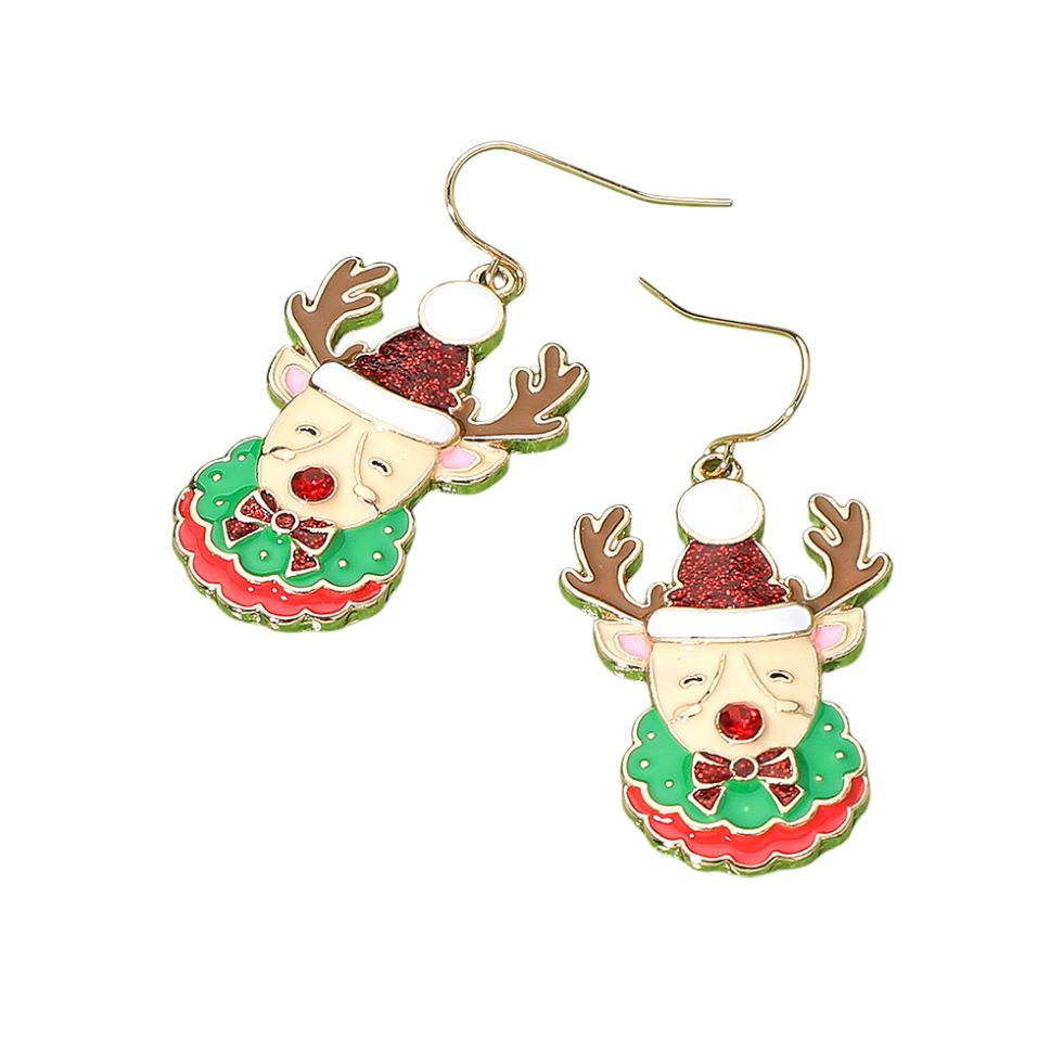 Glittered Enamel Christmas Reindeer Dangle Earrings
