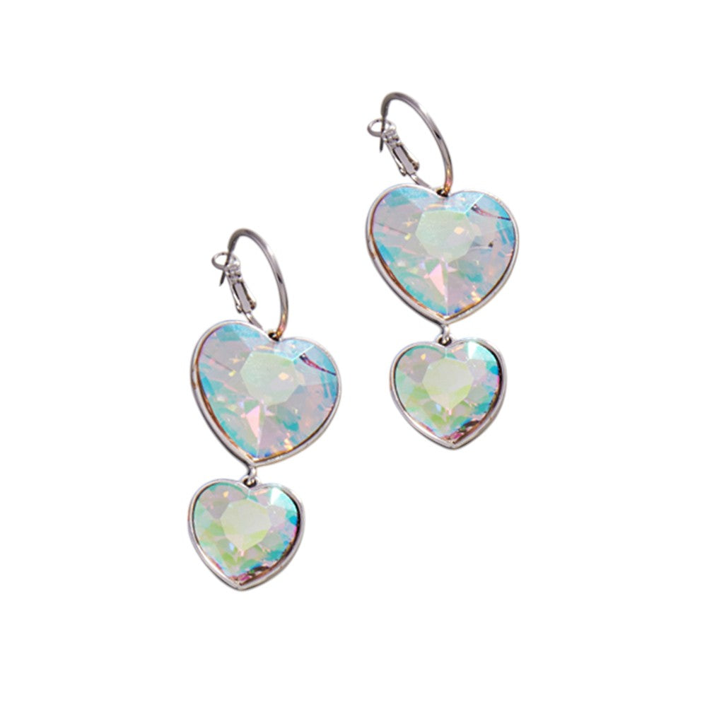 Crystal Stone Double Heart Link Dropdown Earrings