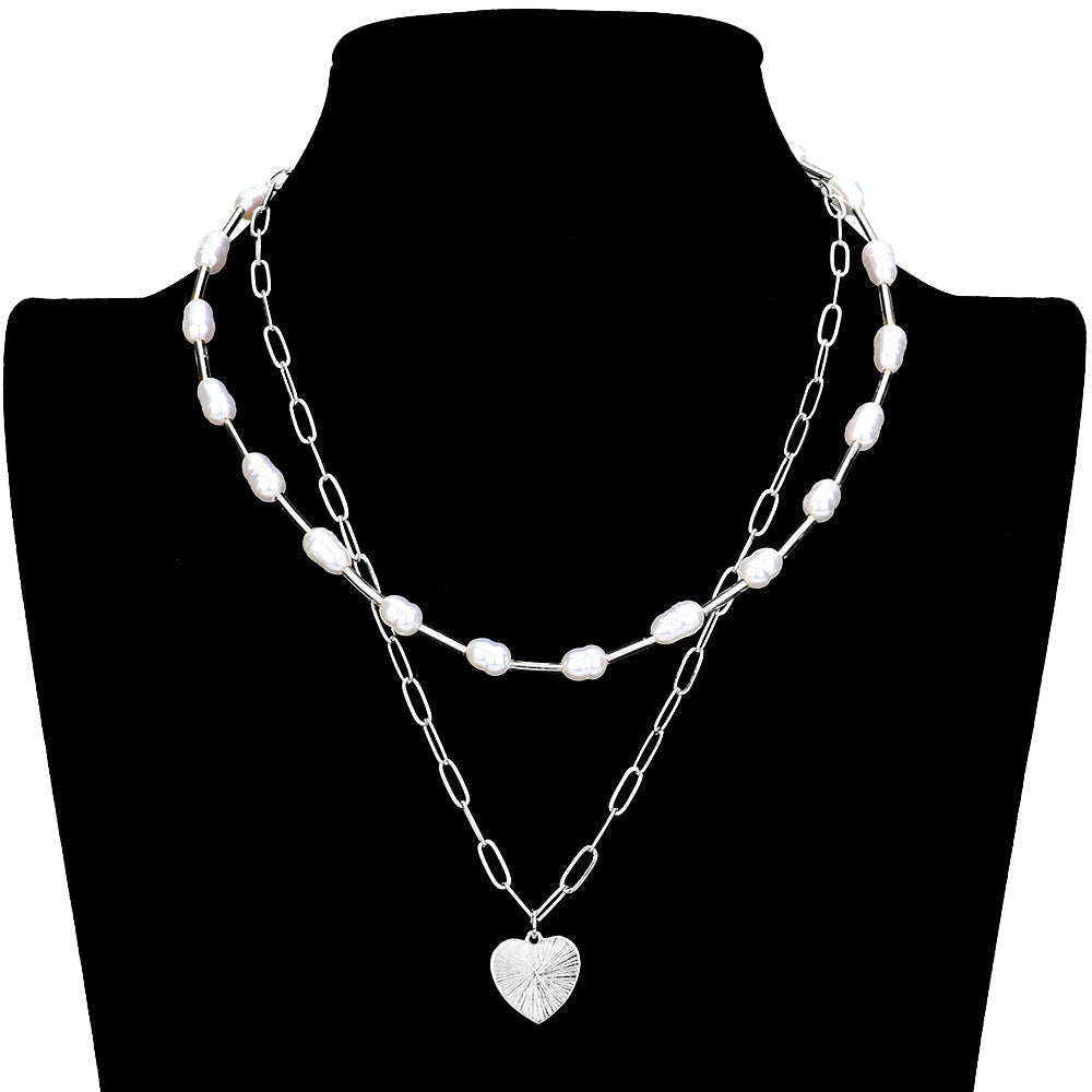Metal Heart Pendant Freshwater Pearl Double Layered Necklace