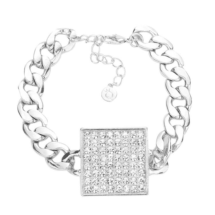 Rhinestone Embellished Square Pendant Metal Link Bracelet