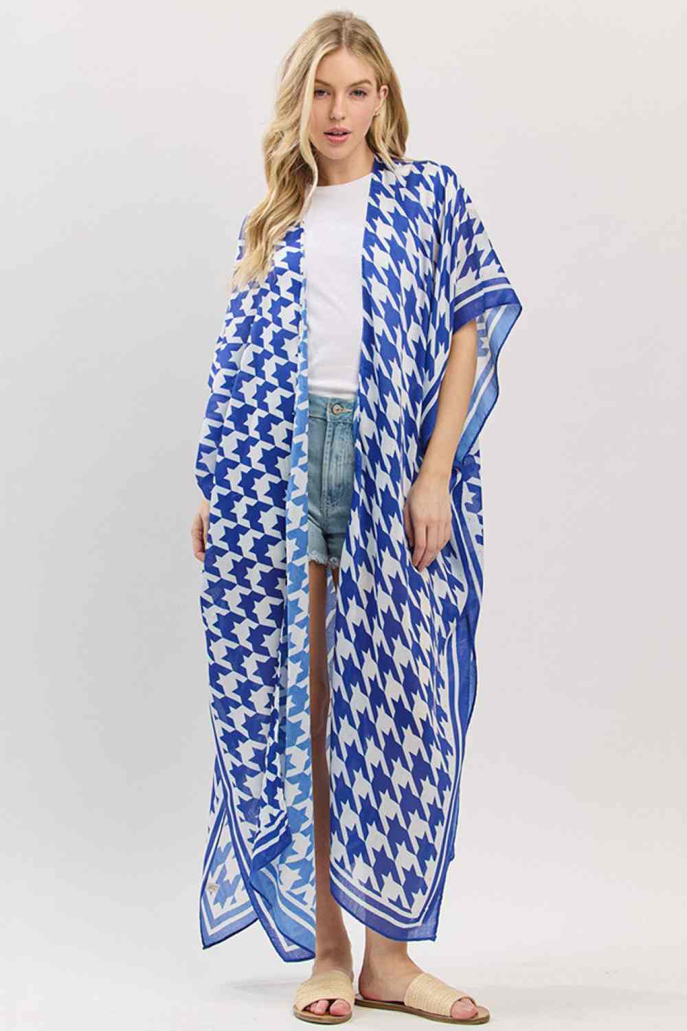 Houndstooth Pattern Open Front Long Kimono