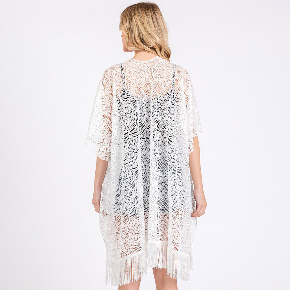 Flower Pattern Crochet Lace Tassel Cover Up Poncho