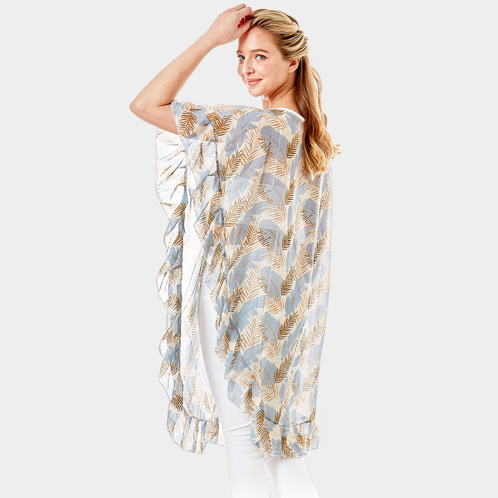 Tropical Leaf and Feather Half Ruffled Cover Up Poncho