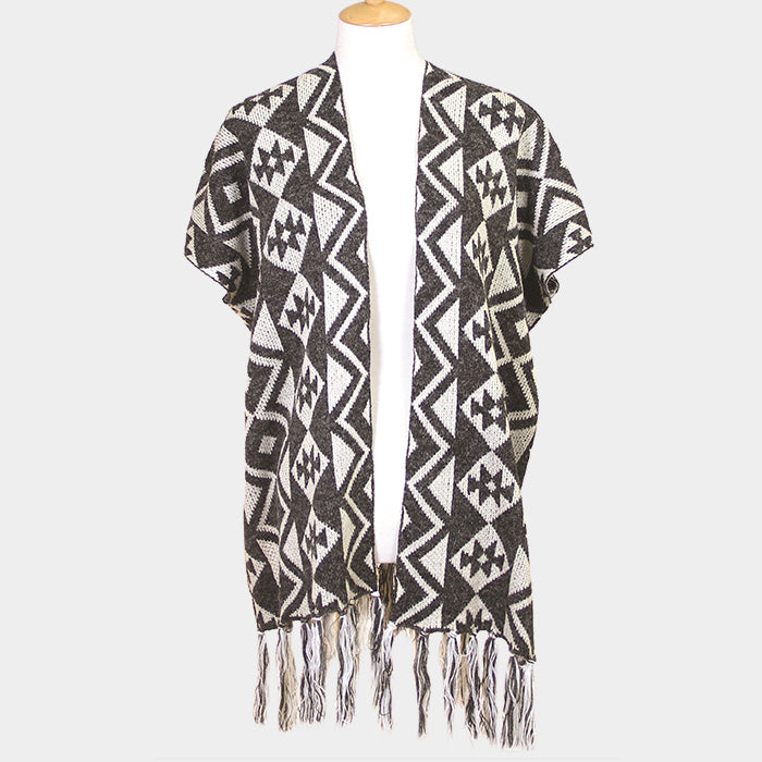 Geometric Pattern Fringe Edge Angora Poncho