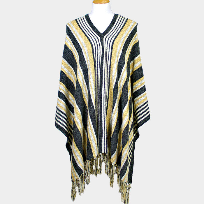 STRIPED FRINGE EDGE PONCHO SWEATER