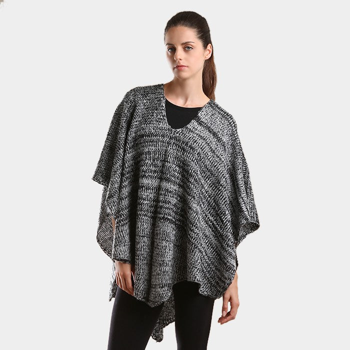 Two tone knit V- neck poncho
