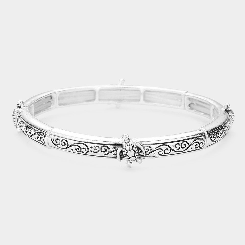 Turtle Accented Antique Metal Stretch Bracelet