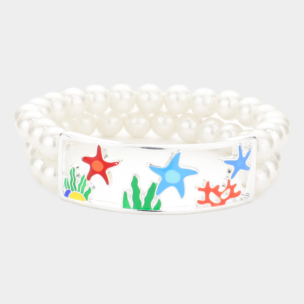 Enamel Starfish Coral Accented Double Layered Pearl Stretch Bracelet