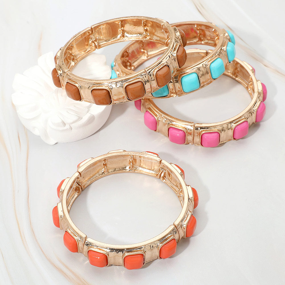 Square Bead Embellished Hammered Metal Stretch Bracelet