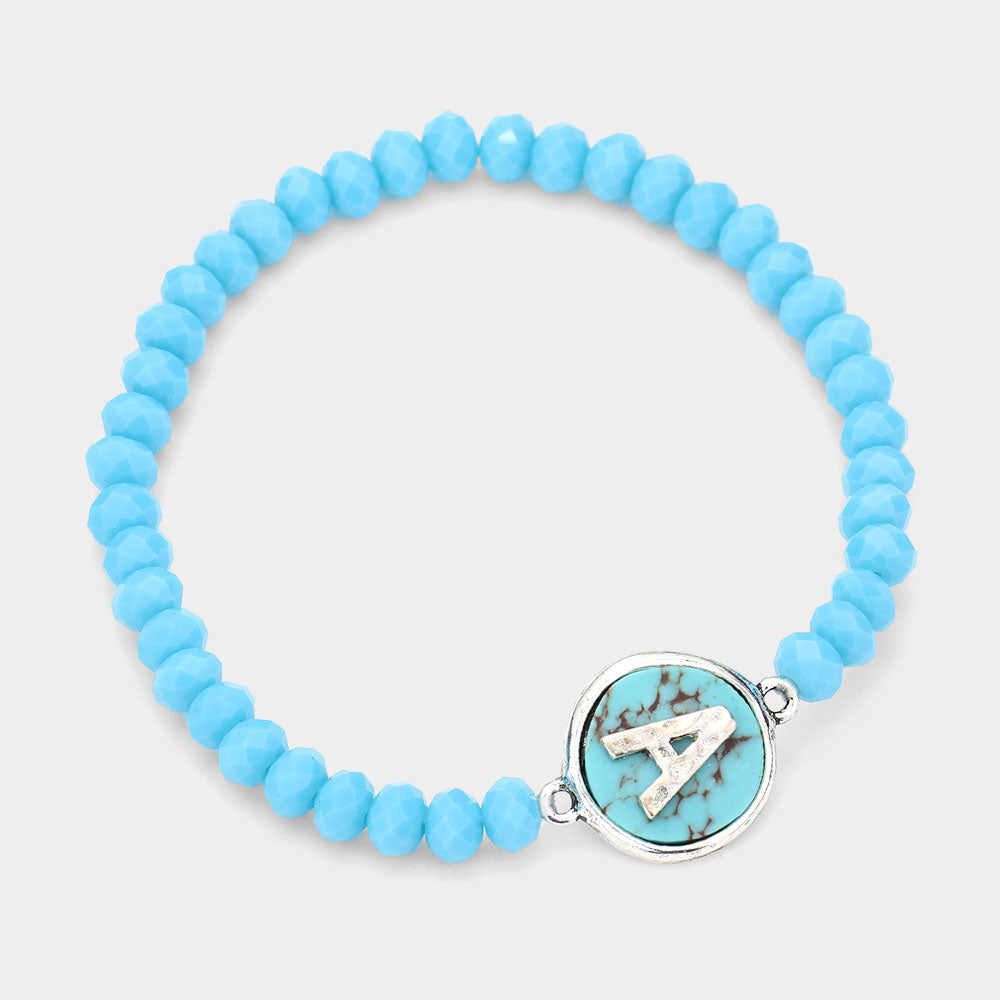 -A- Initial Monogram Turquoise Charm Faceted Beaded Stretch Bracelet