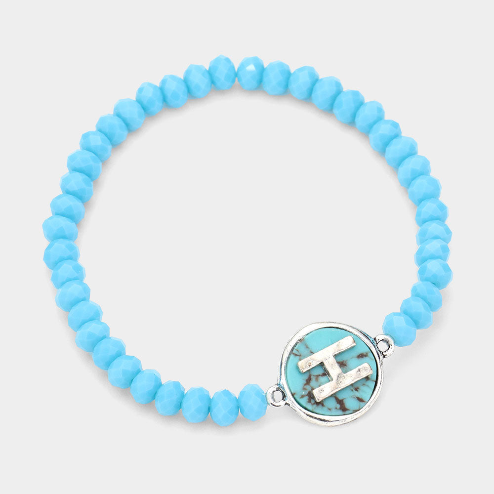 -H- Initial Monogram Turquoise Charm Faceted Beaded Stretch Bracelet