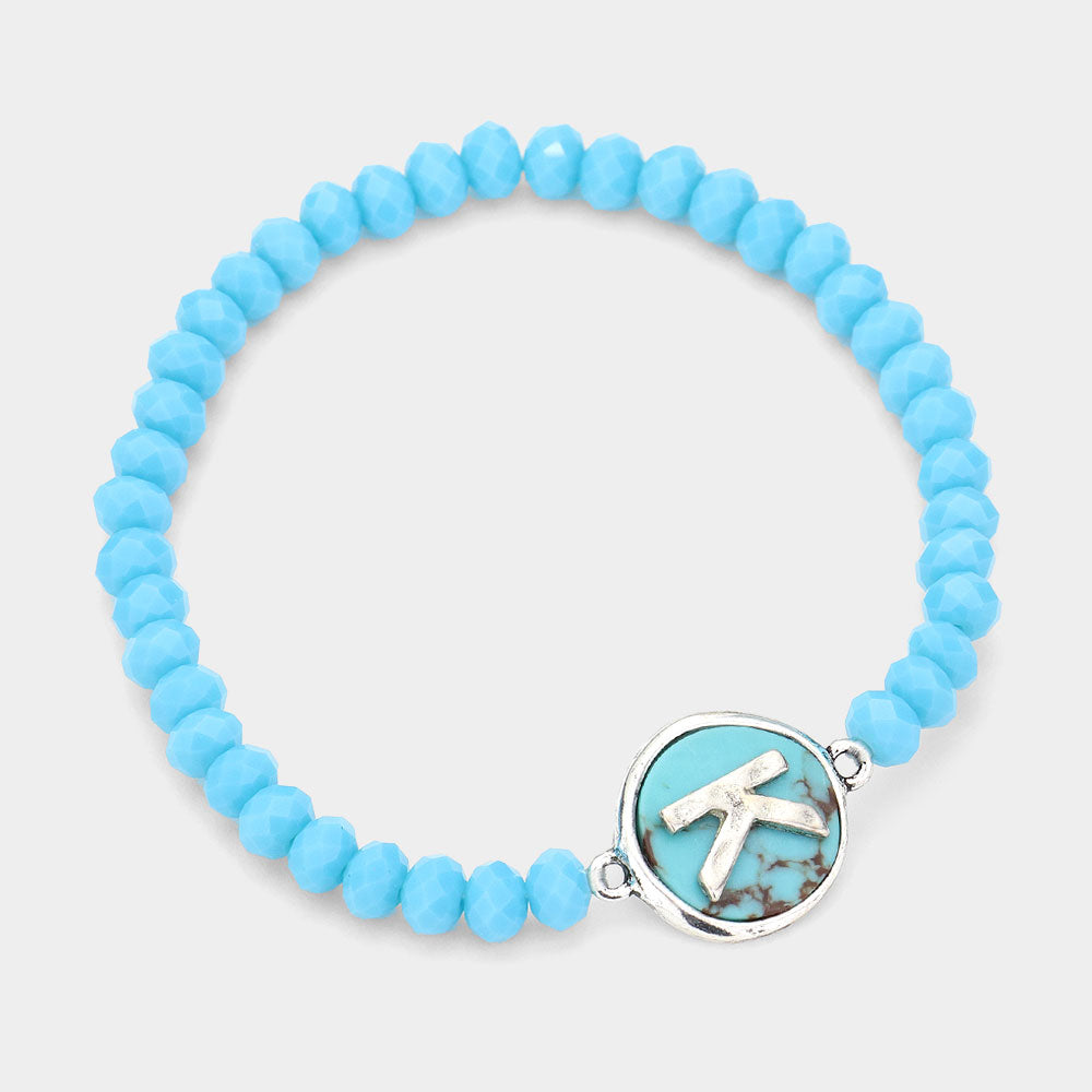 -K- Initial Monogram Turquoise Charm Faceted Beaded Stretch Bracelet