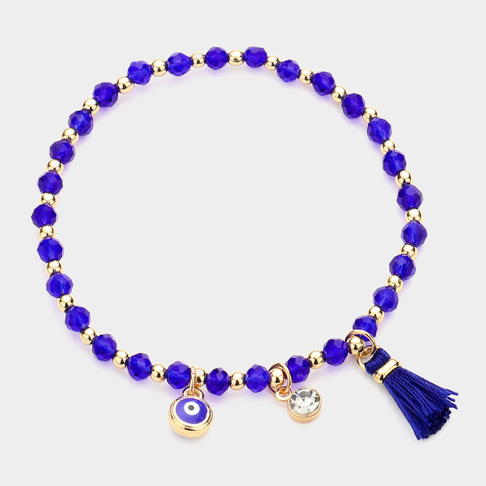Evil Eye Round Stone Tassel Charm Faceted Beaded Stretch Bracelet