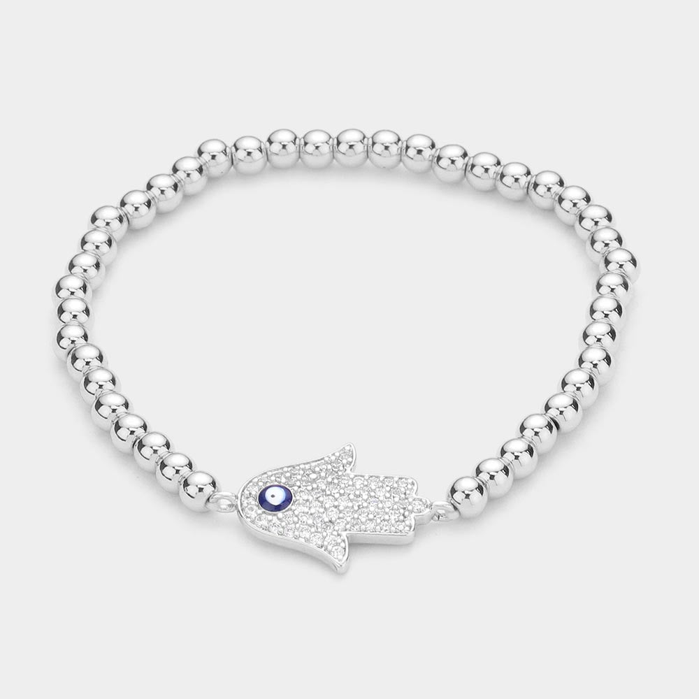 Brass Metal Ball CZ Hamsa Hand Enamel Evil Eye Charm Stretch Bracelet