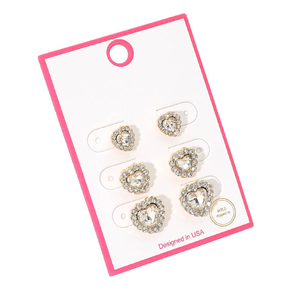 3 pares - Set de pendientes de tuerca con halo de corazón bañados en oro