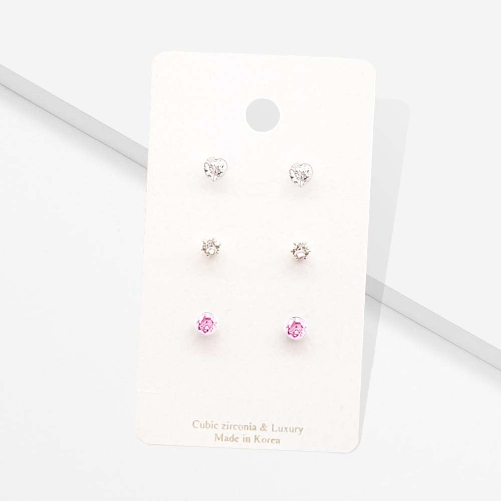 3Pairs - CZ Heart Round Stud Earrings