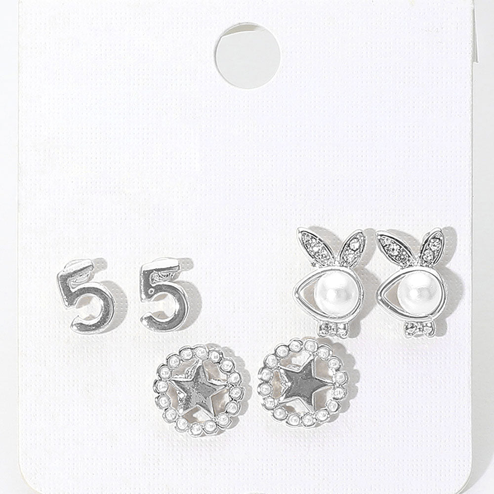 3Pairs - Pearl Playboy bunny star stud earrings
