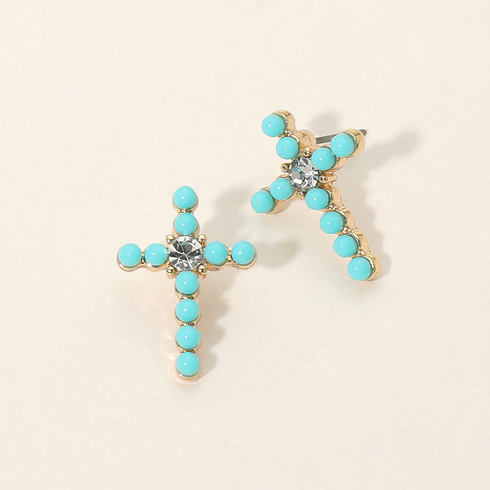 Rhinestone Center Beaded Cross Stud Earrings