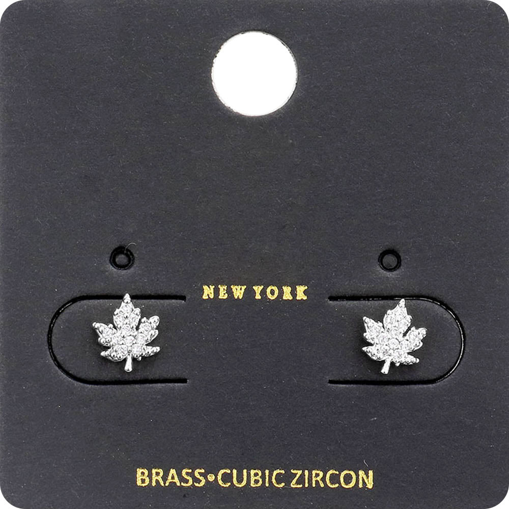 CZ Stone Embellished Brass Metal Maple Leaf Stud Earrings