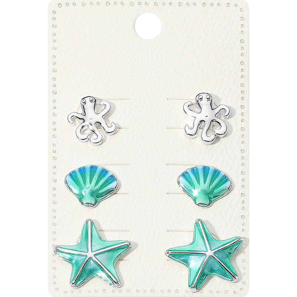 3Pairs - Metal Octopus Enamel Seashell Starfish Stud Earring Set