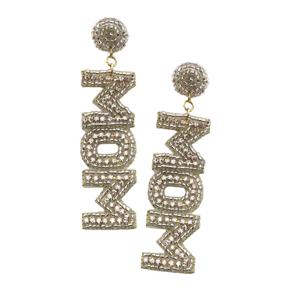 MOM Felt Back Rhinestone Beaded Message Dangle Earrings
