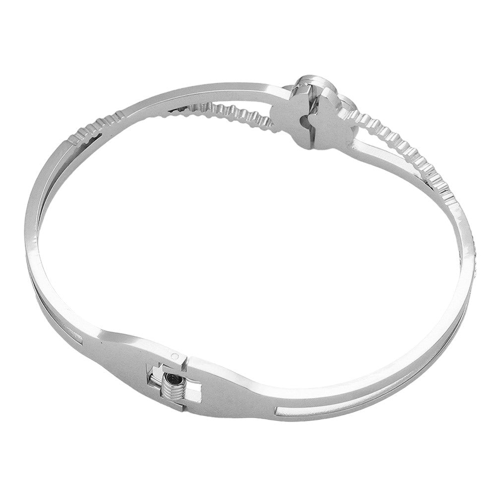Mother Of Pearl Stone Paved Stainless Steel Hinged Bangle Bracelet