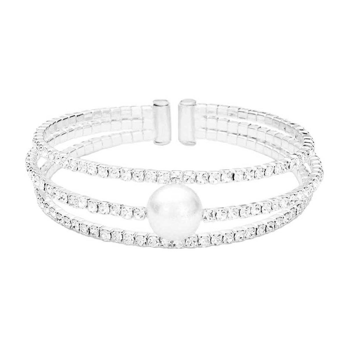 Pearl Accented Split Rhinestone Evening Cuff Bracelet