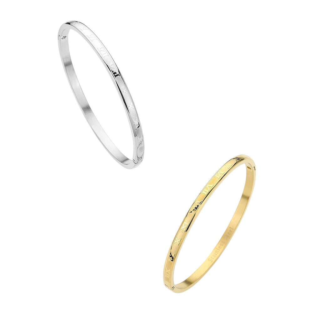 Stainless Steel Roman Numerals Hinged Bangle Bracelet