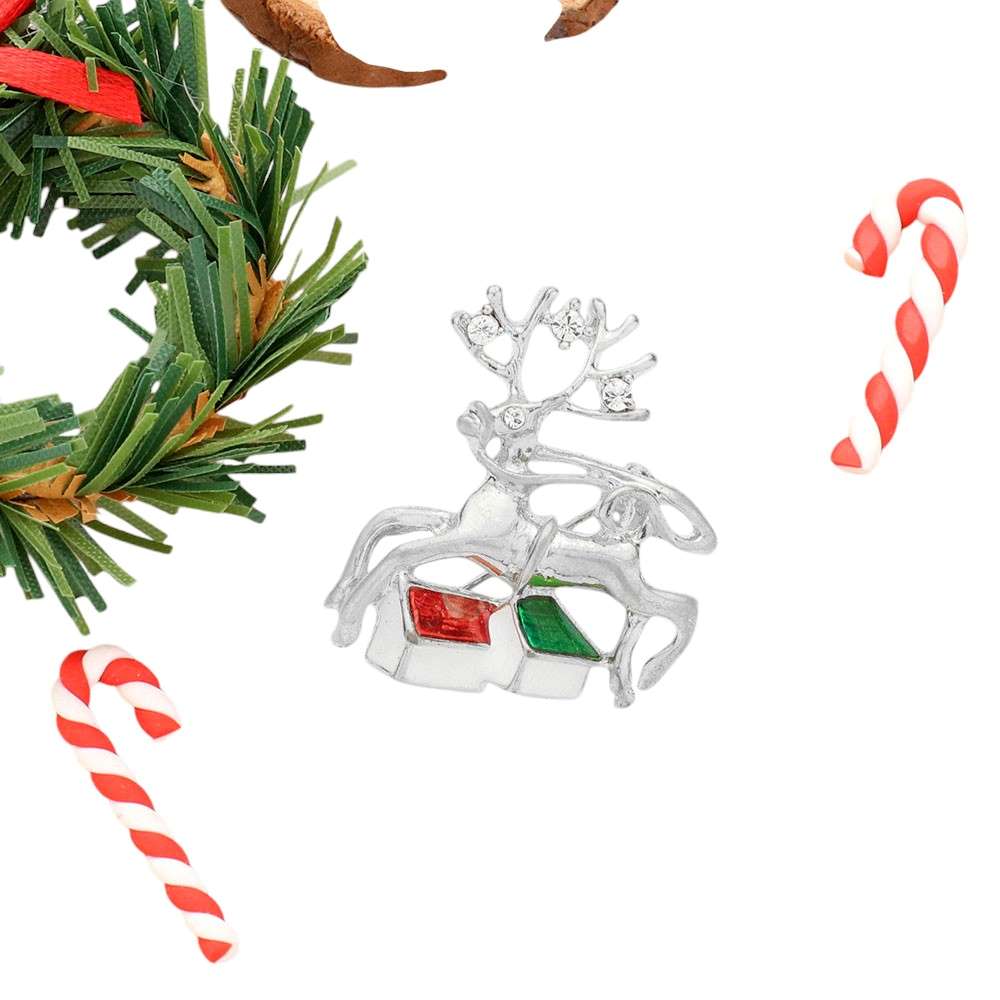 Stone Embellished Metal Reindeer Brooch