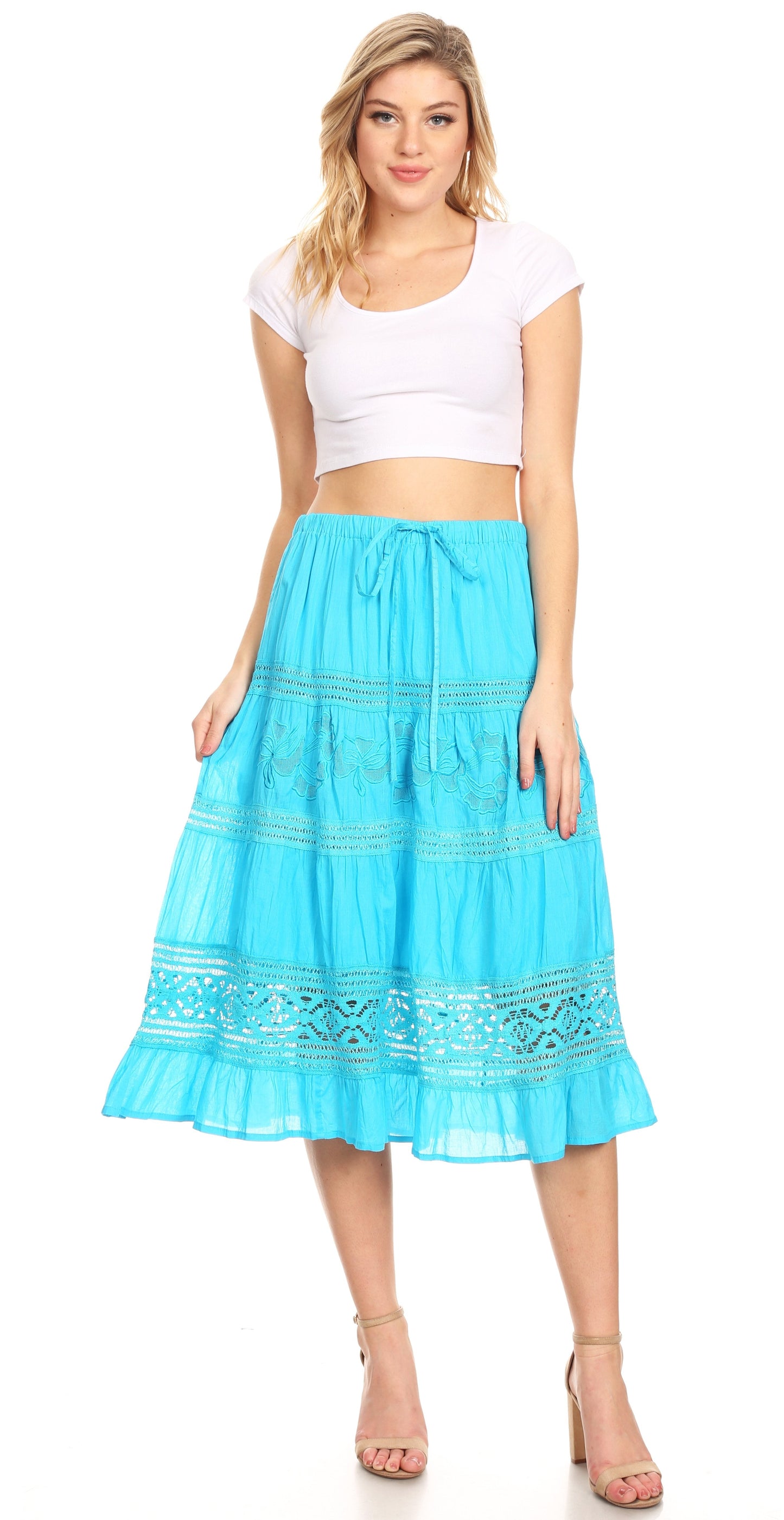 Sakkas Kezia Women's Bohemian Gypsy Casual Midi Skirt A line Lace & Embroidery