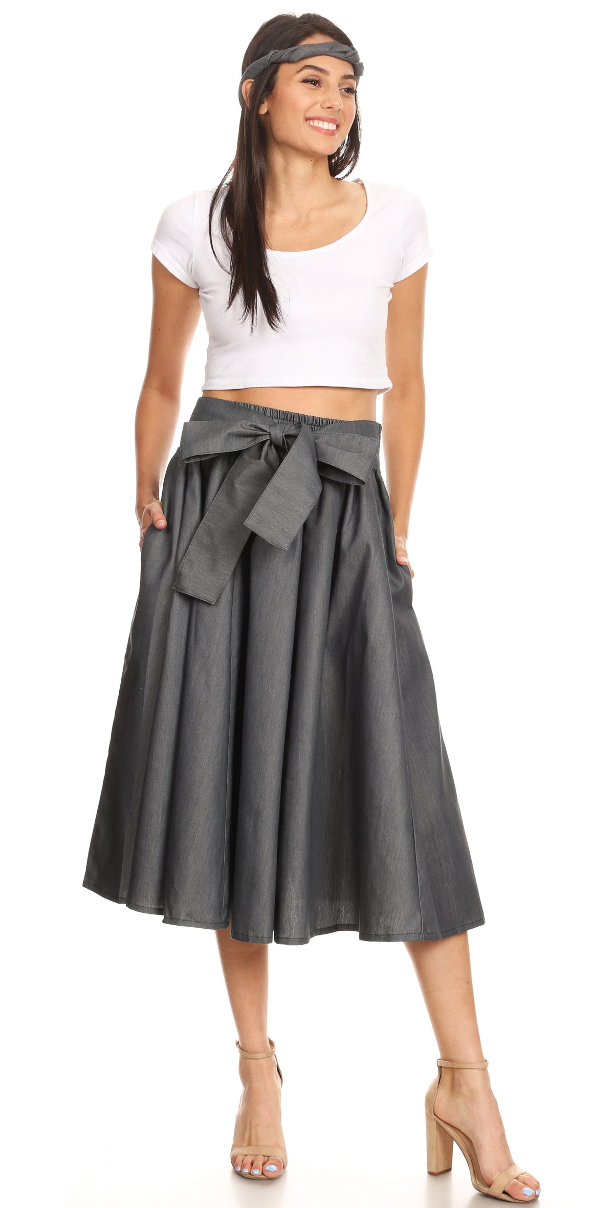 Sakkas Atieno Flared Circle Chambray Boho Mid Skirt with Elastic Waist