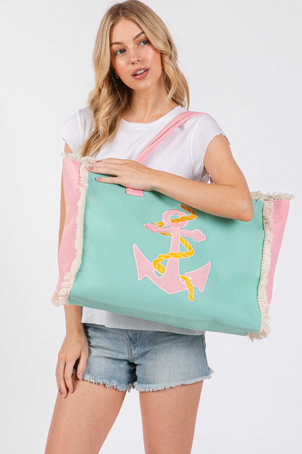 Anchor Embroidered Design Patch Summer Tote Bag