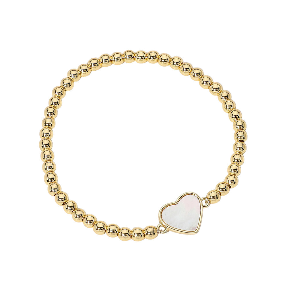 Stainless Steel Ball Mother of Pearl Heart Beaded Bracelet