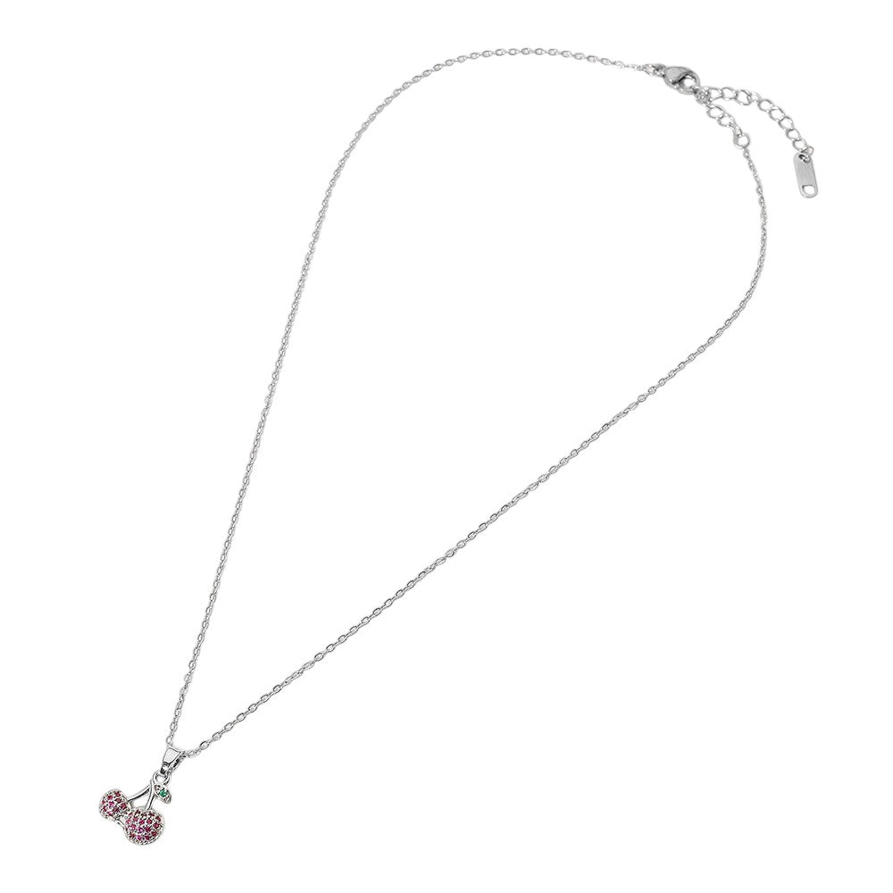 Stainless Steel Stone Paved Cherry Pendant Necklace