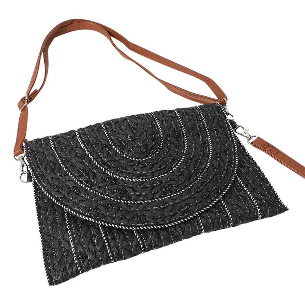 Stitch Detailed Straw Crossbody Bag