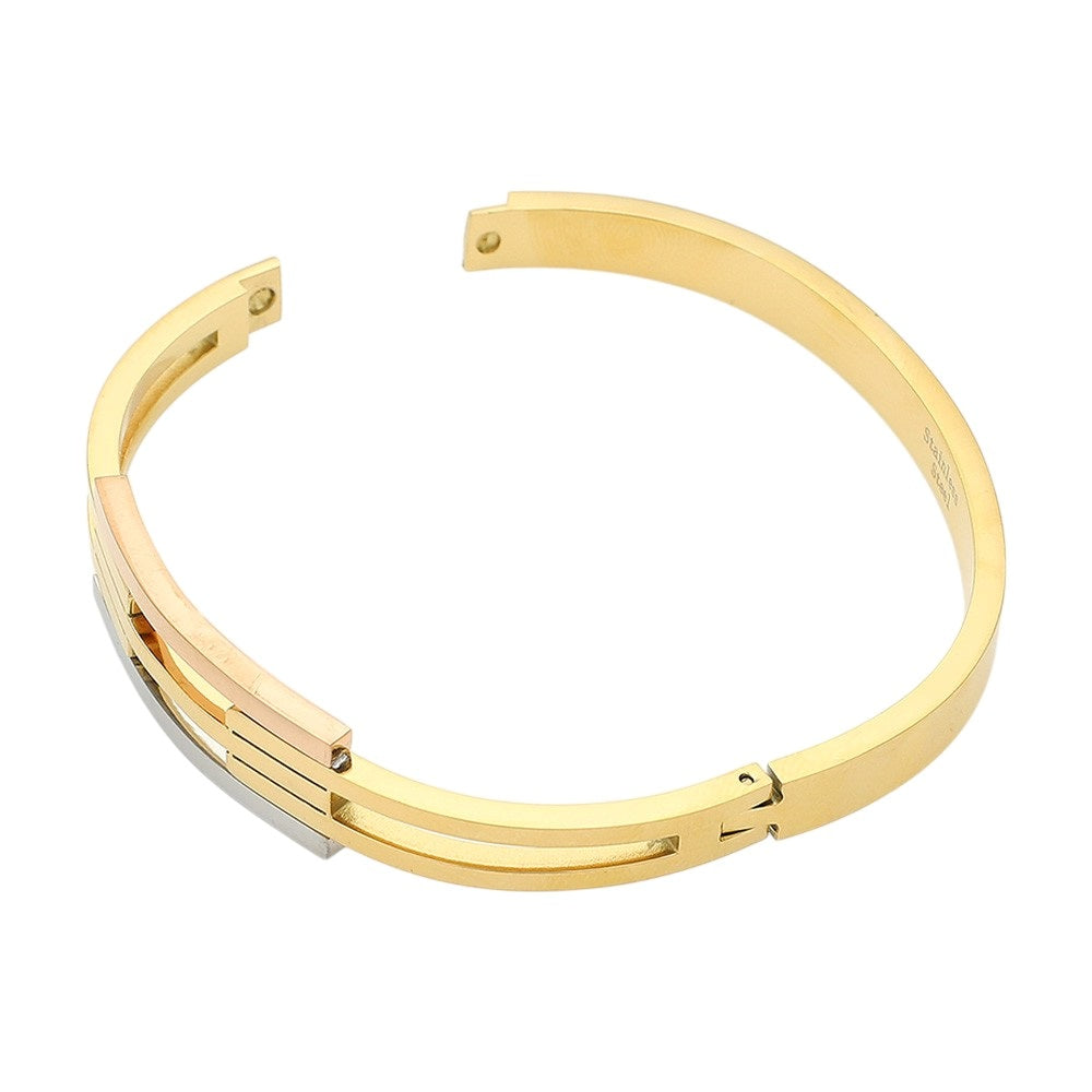 Stainless Steel Three Tone Hinged Bangle Bracelet