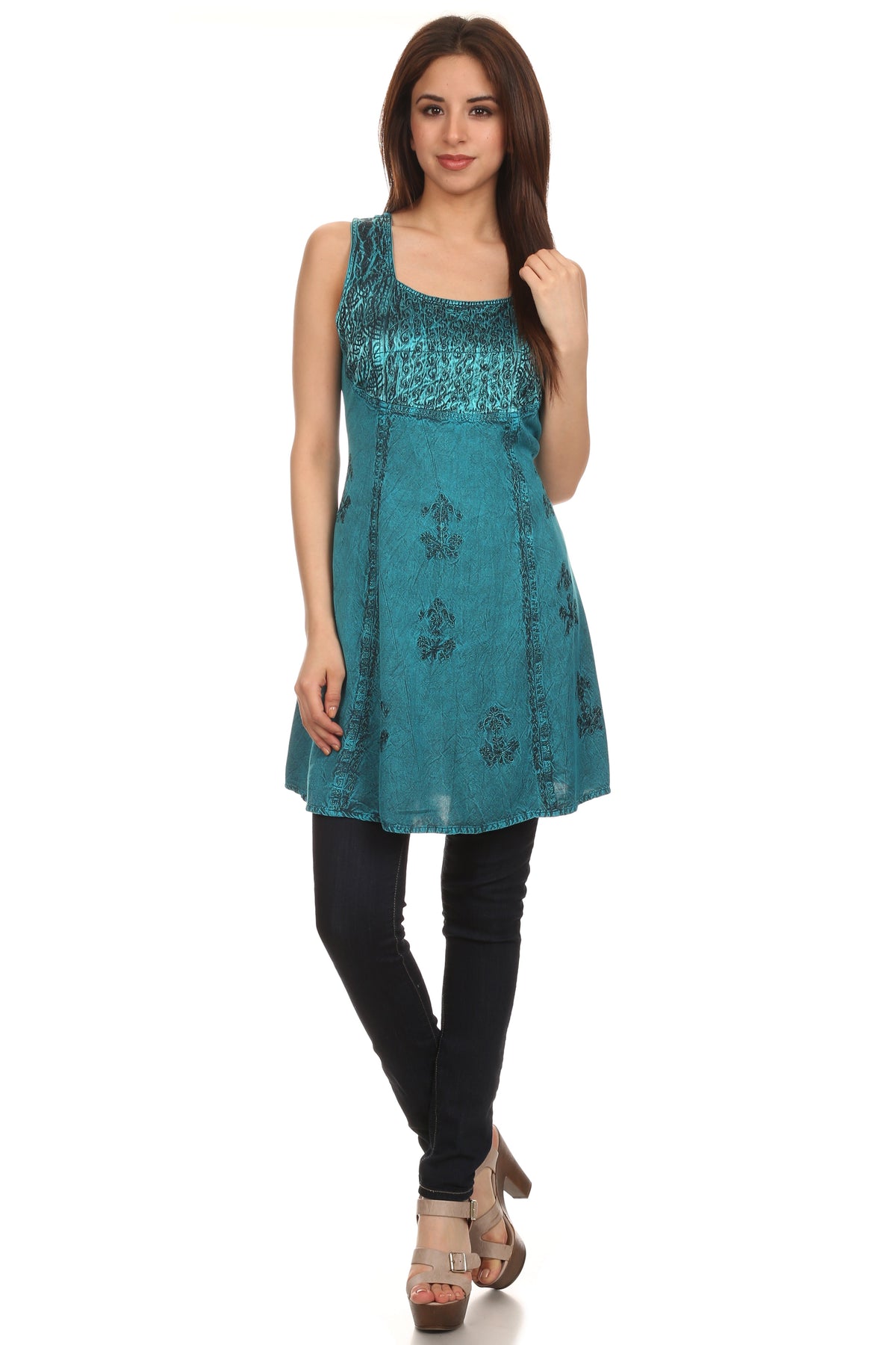 Sakkas Kalee Blusa túnica sin mangas con bordado ajustable / Vestido corto